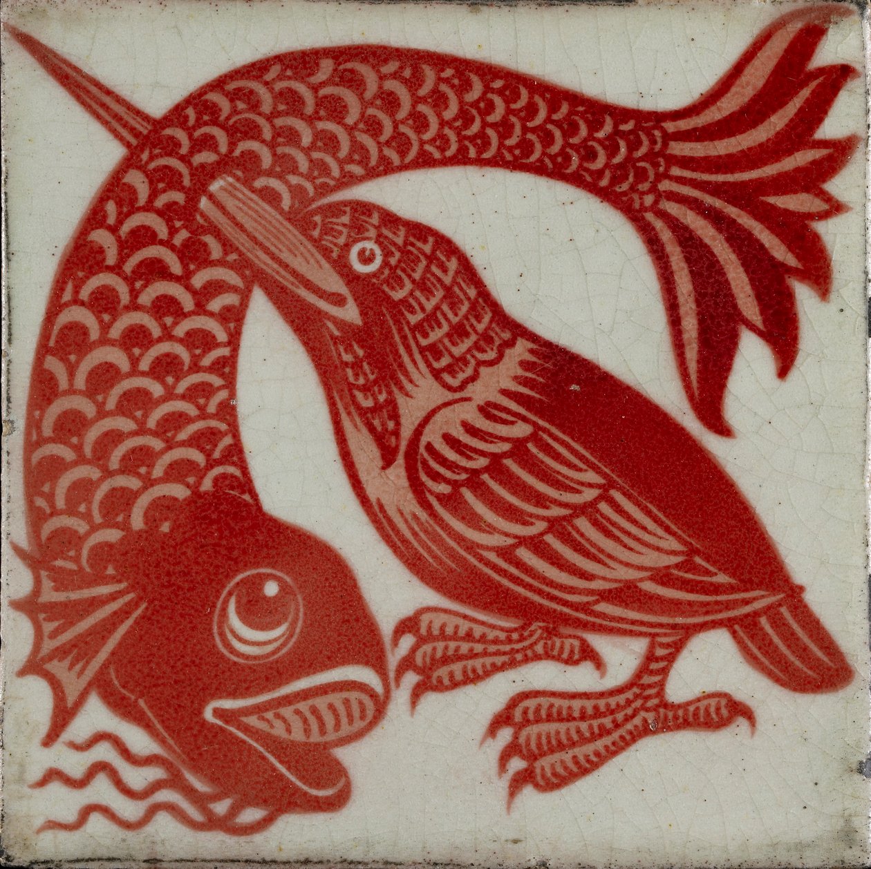 Azulejo con martinete con pico a través del pez de William Frend De Morgan