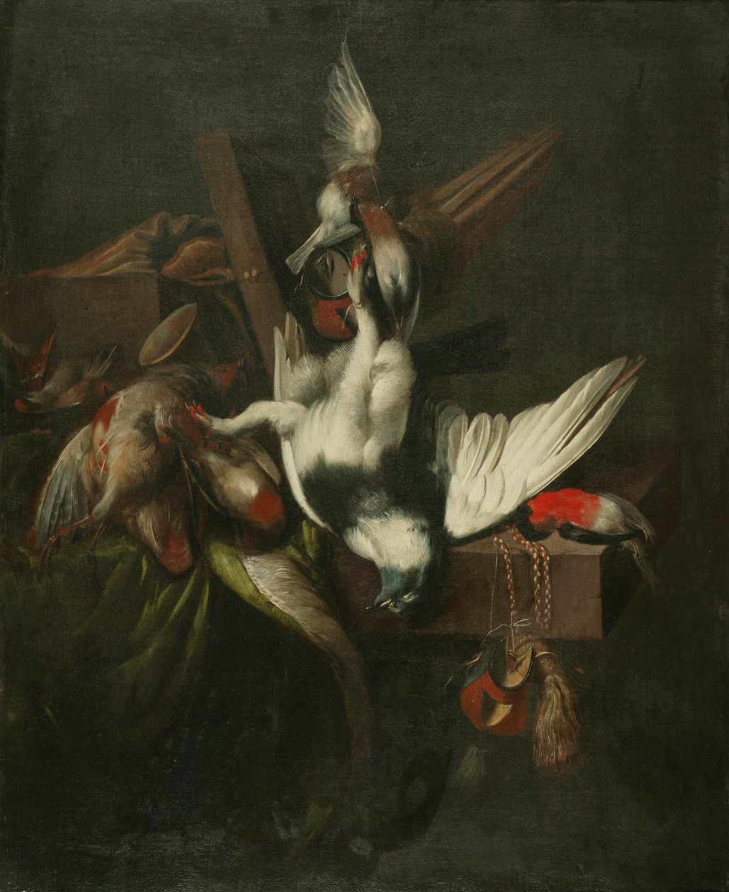 Bodegón con paloma muerta, pinzones y capirotes de halcón (óleo sobre lienzo) de William Gowe Ferguson