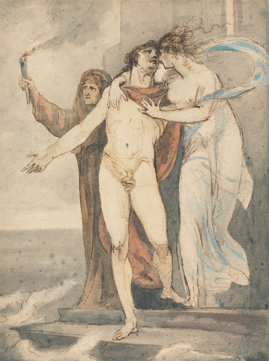 Leandro se despide del héroe antes de cruzar a nado el Helesponto de William Hamilton