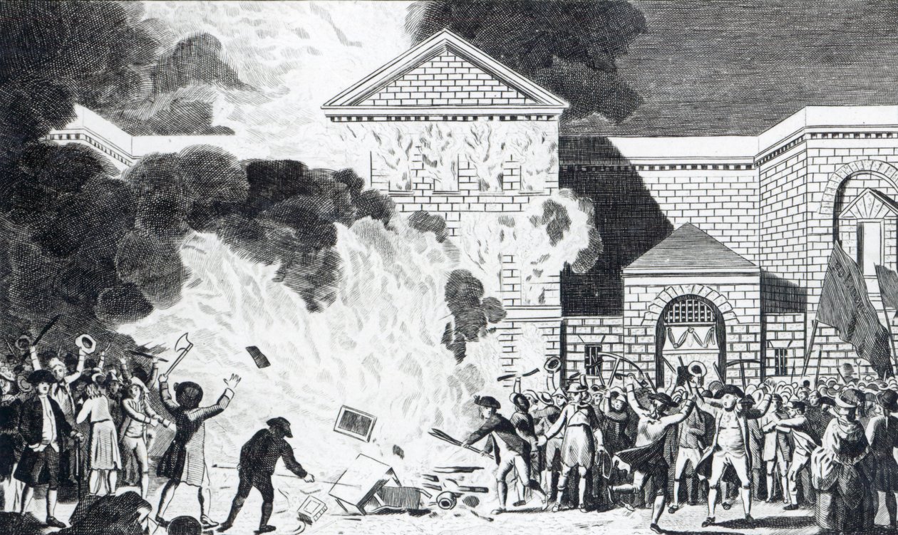 Las devastaciones ocasionadas por los alborotadores de Londres incendiando la nueva cárcel de Newgate y quemando los muebles del Sr. Akerman, 6 de junio de 1780, grabado por T. Thornton de William Hamilton