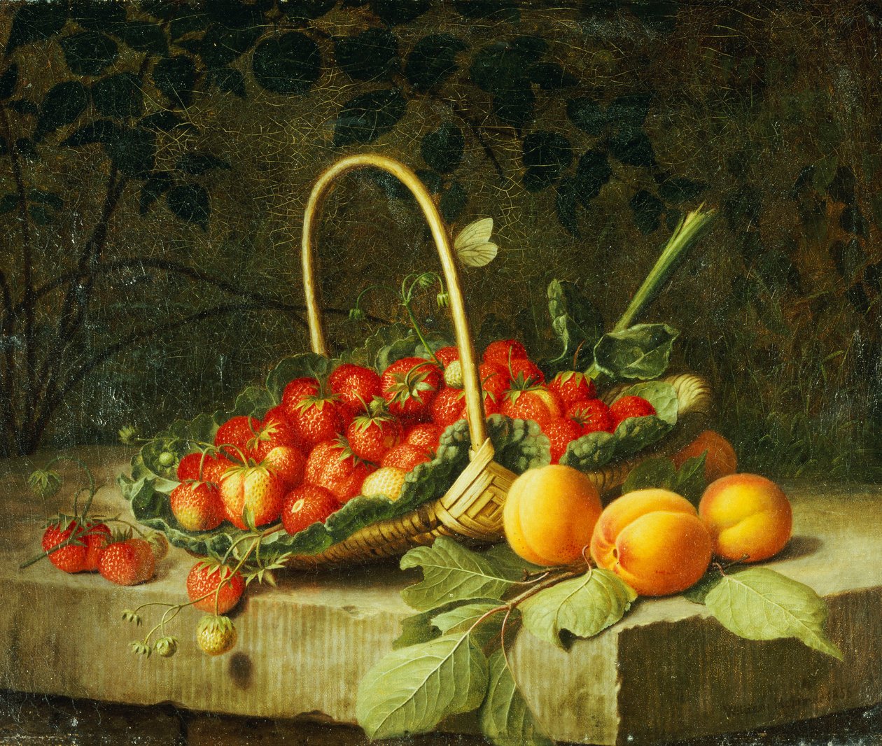 Una cesta de fresas con duraznos en un borde de piedra, 1856 de William Hammer