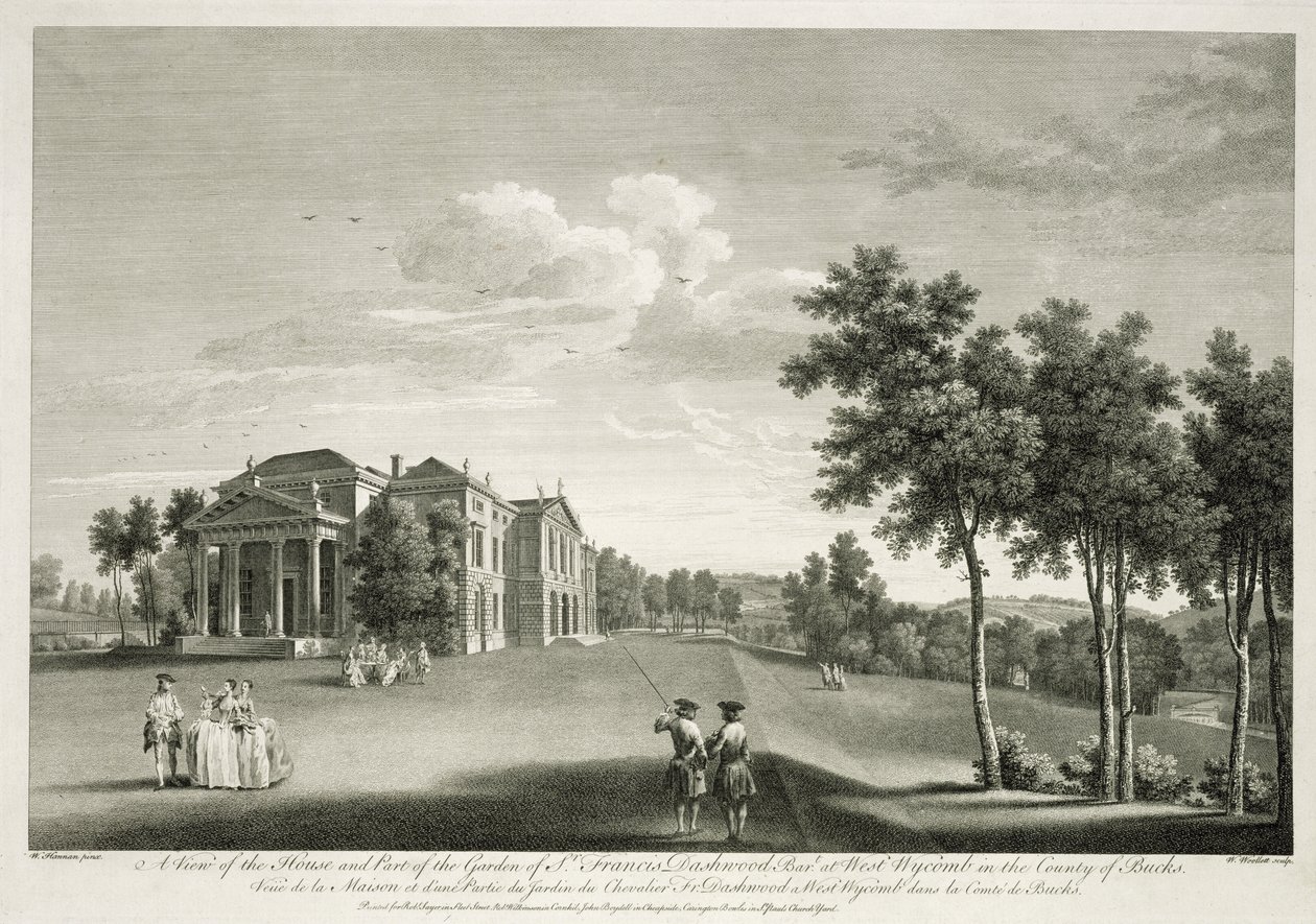 Vista de la casa y parte del jardín en West Wycombe, Buckinghamshire, grabado por William Woollett (1735-85) de William Hannan