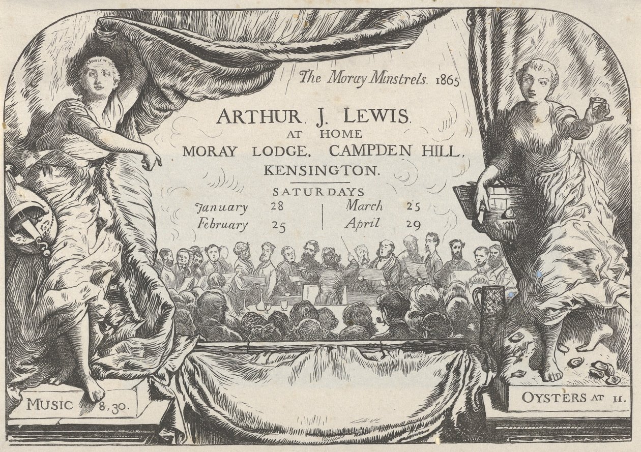 Tarjeta de invitación de los juglares de Moray de Arthur James Lewis de William Harcourt Hooper