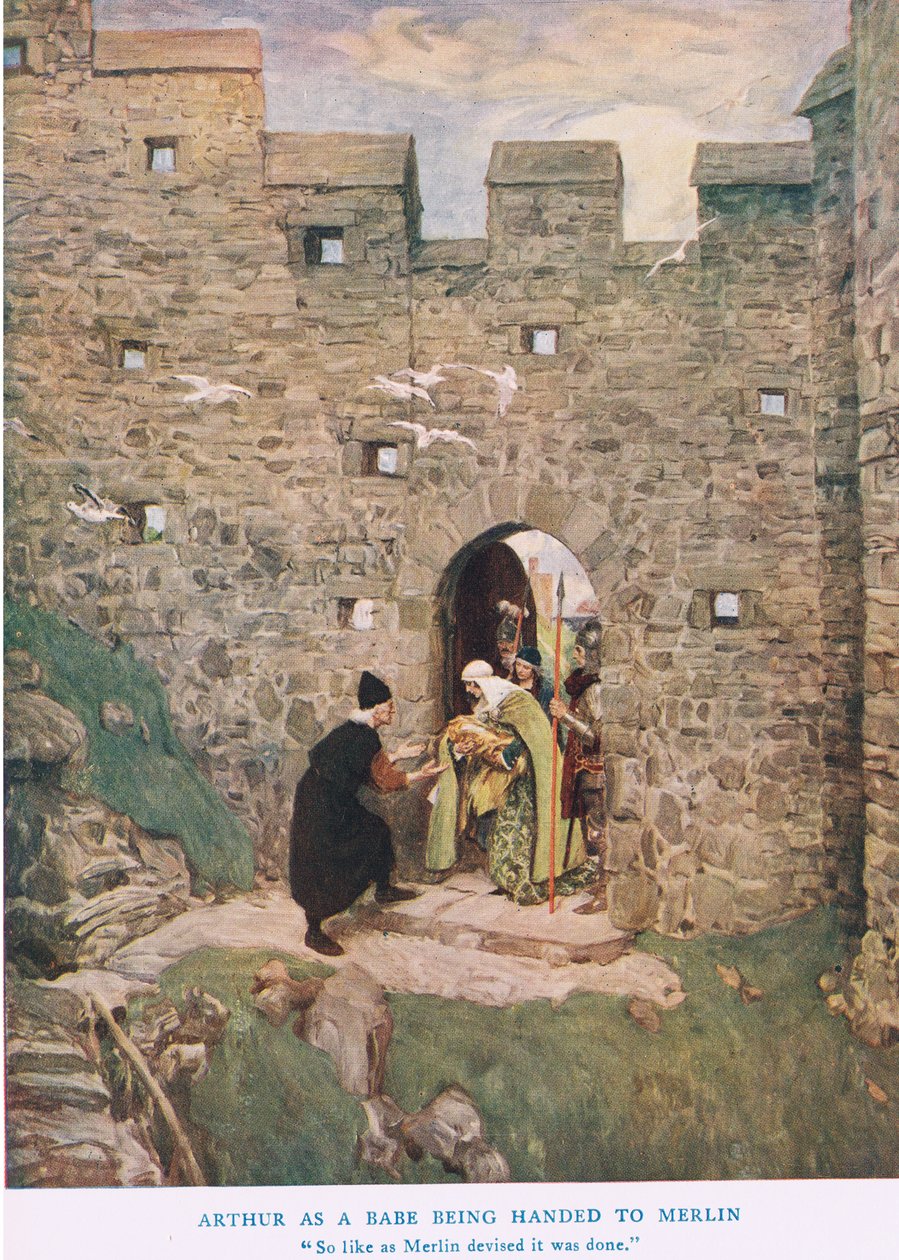 Arturo como bebé siendo entregado a Merlín, ilustración de 
