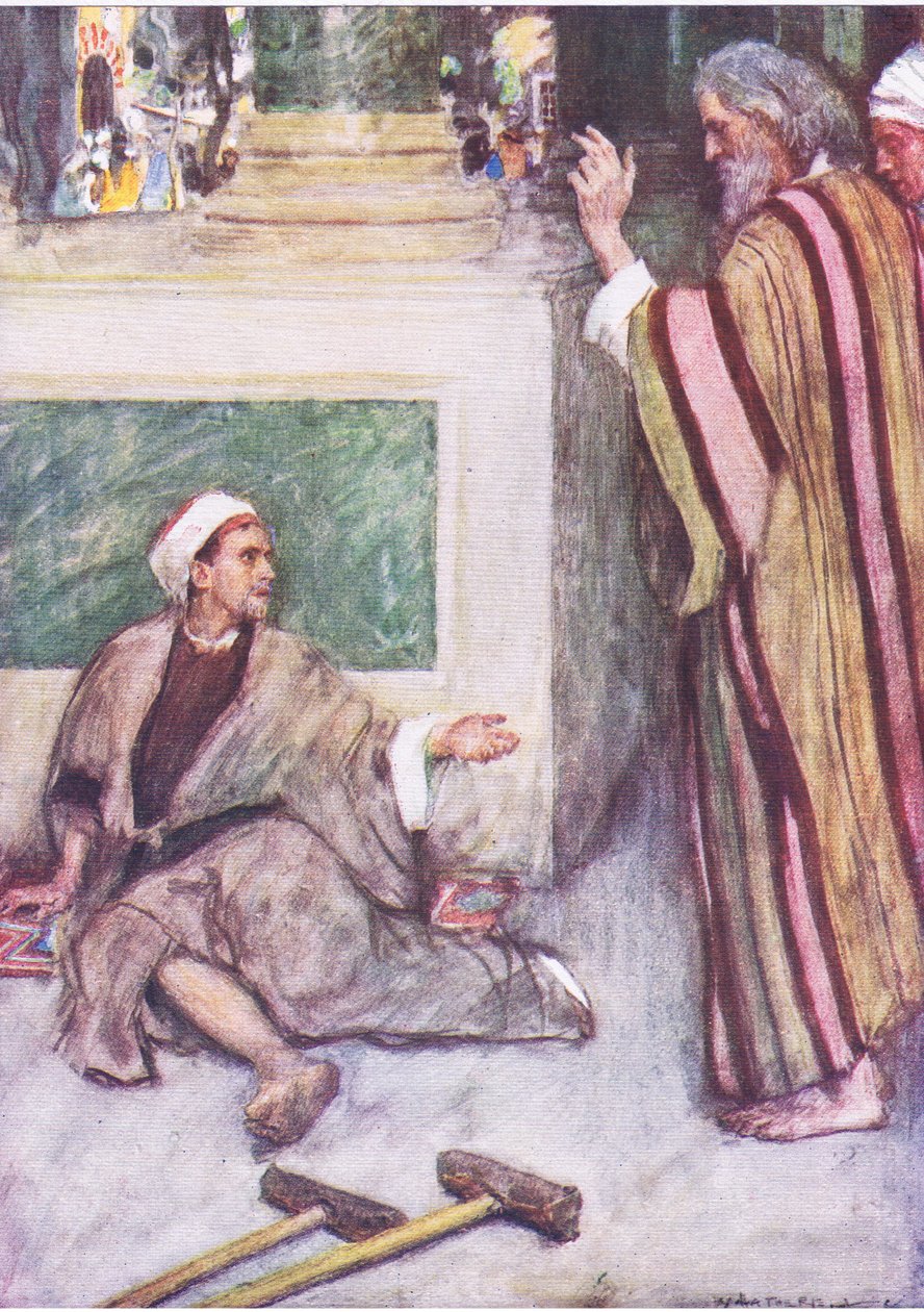 Pedro y Juan sanando al hombre cojo, de La Historia de la Biblia publicada por Hodder & Stoughton, c.1930 de William Hatherell