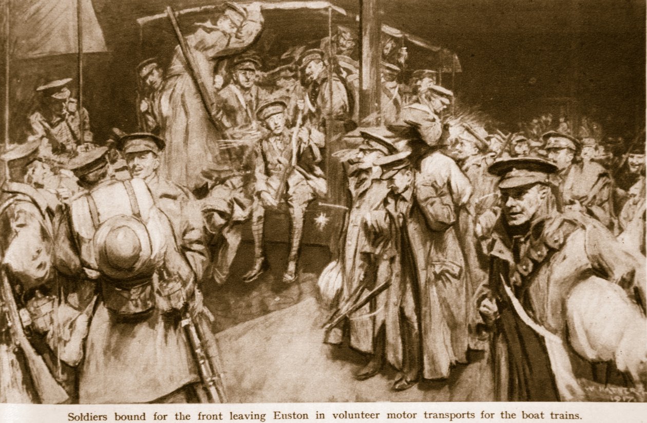 Escenas de alegría y patetismo en las grandes estaciones de tren de Londres, 1914-19 de William Hatherell