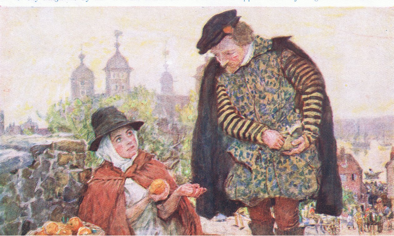 Shakespeare compra una naranja a una mujer en Tower Hill, de My Magazine, pub.1922 de William Hatherell