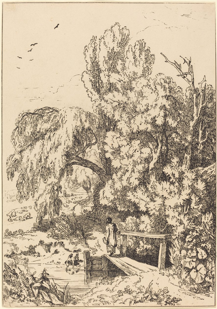 Paisaje con árboles, niña cruzando puente peatonal de William Havell