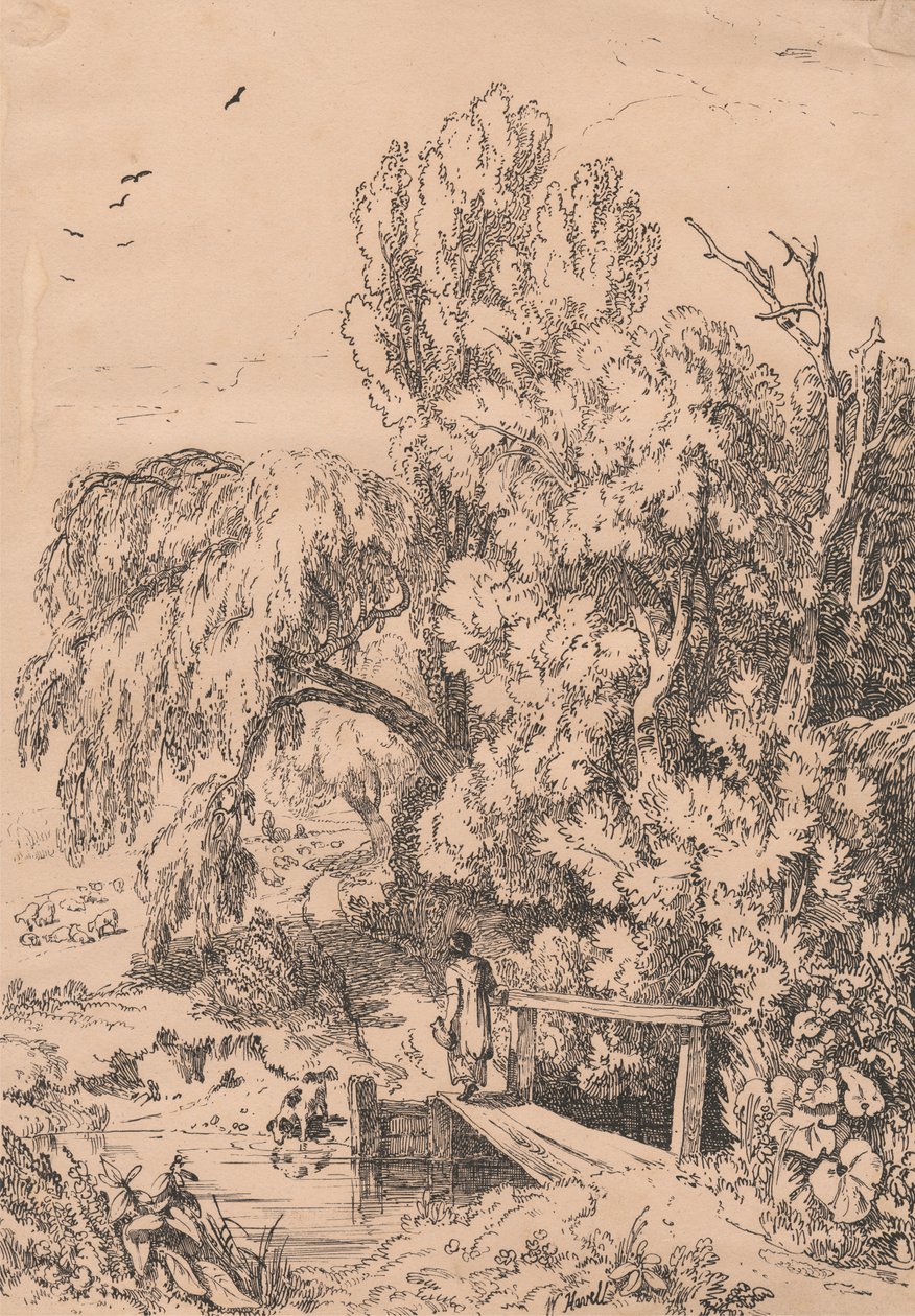Paisaje con árboles, niña cruzando pasarela de William Havell