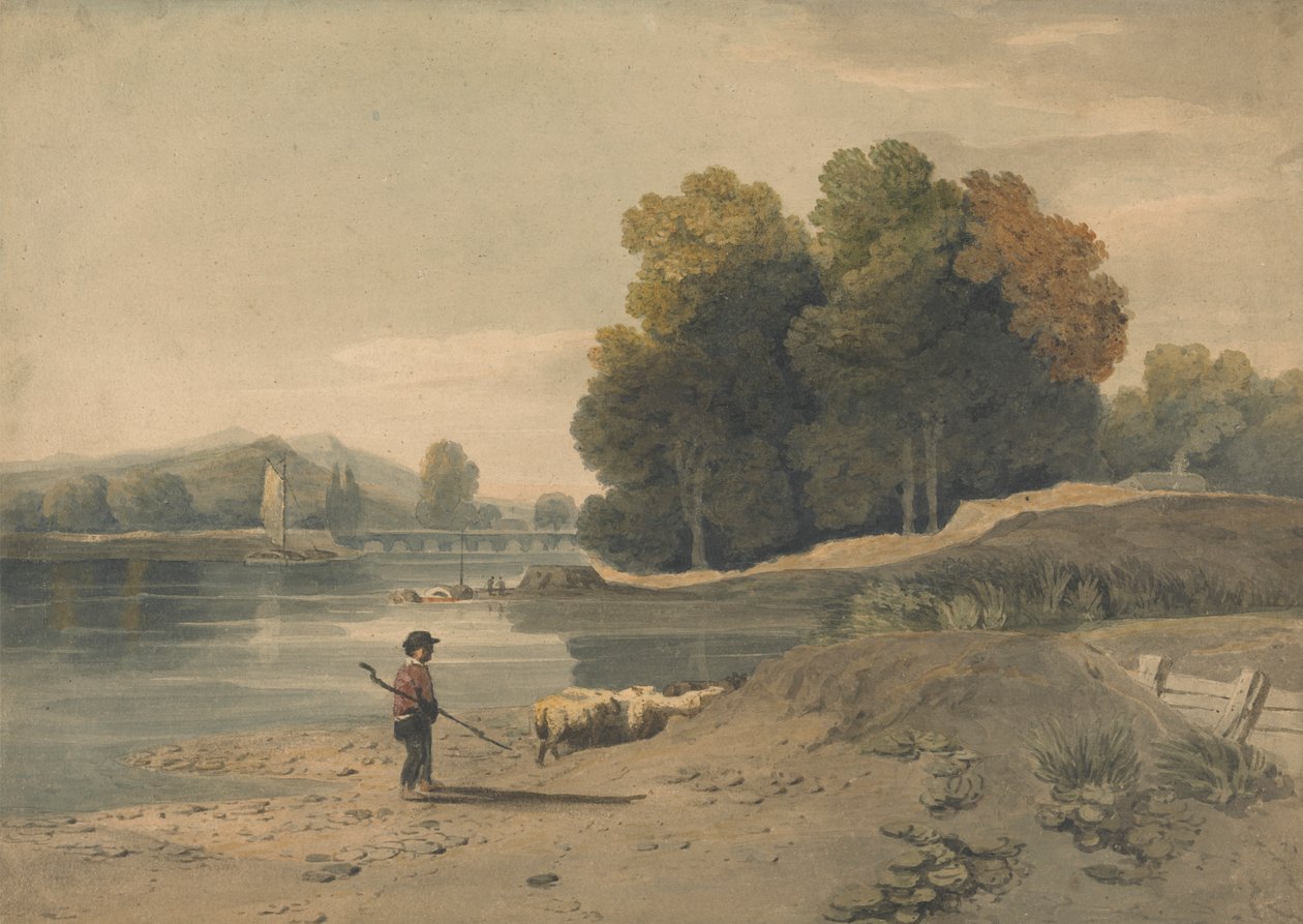 Escena fluvial con niño y oveja de William Havell