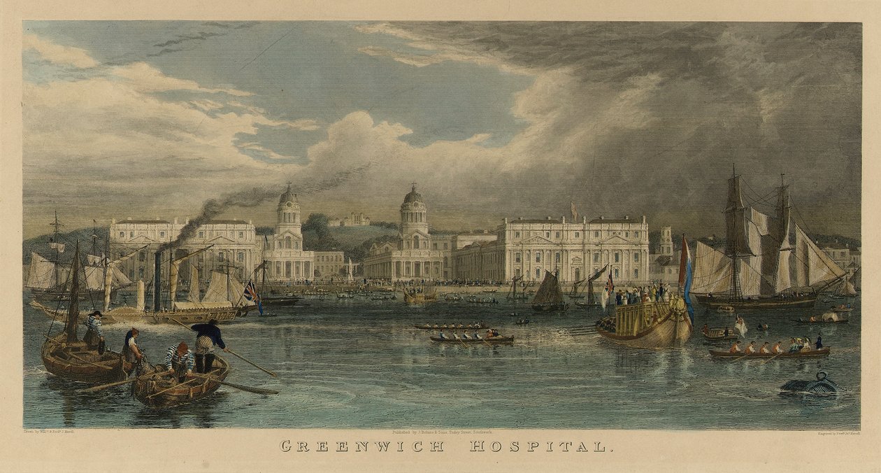 Visita real al Hospital de Greenwich (Inglaterra), con un velero, un barco de vapor, barcazas de pasajeros y botes de remos en el Támesis de William Havell
