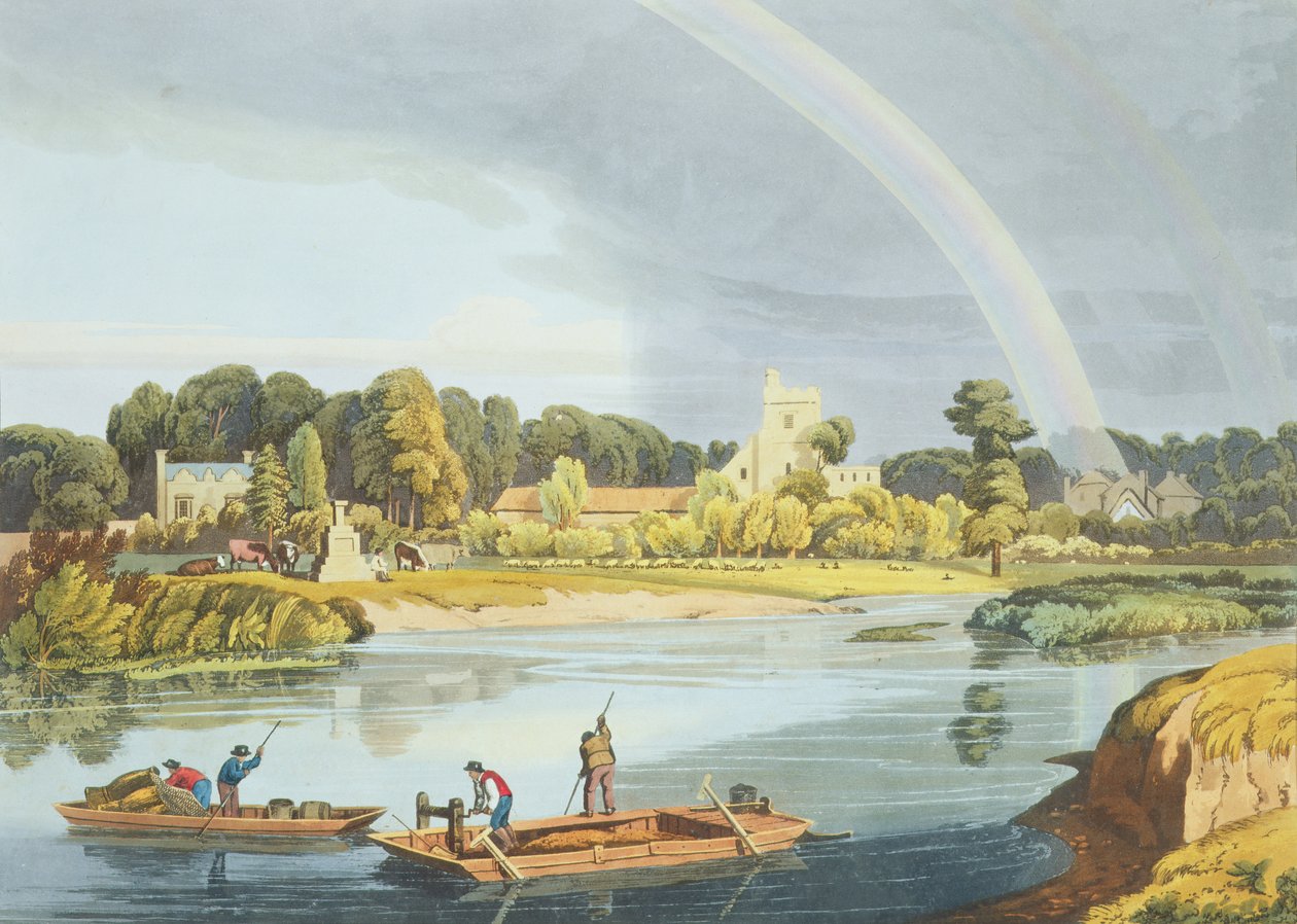 Iglesia de Staines con City Stone en las orillas del río, grabado por Robert Havell el Joven, publicado en 1818 de William Havell