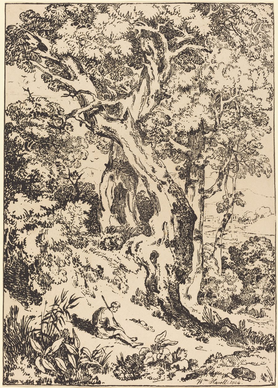 Estudio de Árboles y Arbustos con Figura Sentada de William Havell
