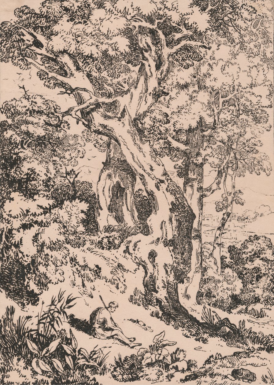 Estudio de árboles y matorrales con figura masculina sentada de William Havell