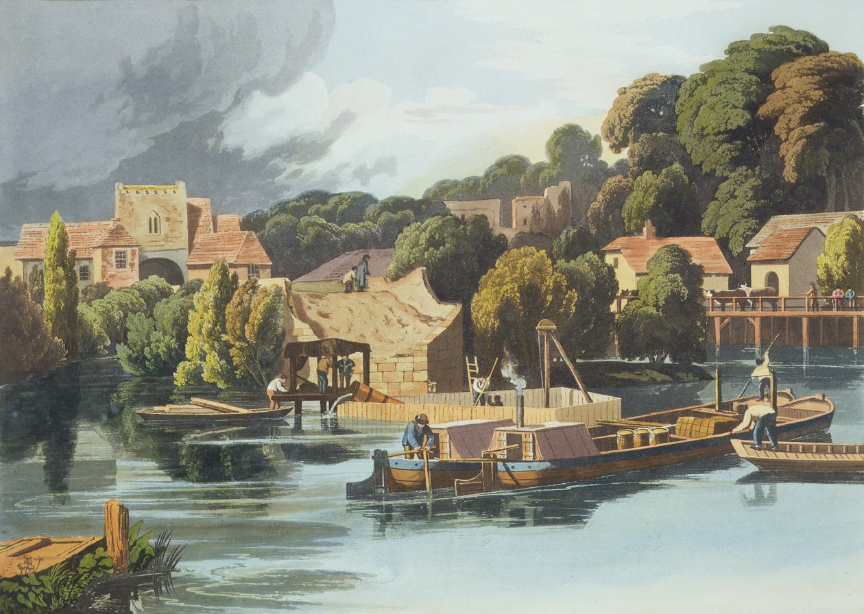 Castillo de Wallingford en 1810 durante las reparaciones del puente, grabado por Robert Havell el Joven, publicado en 1818 de William Havell