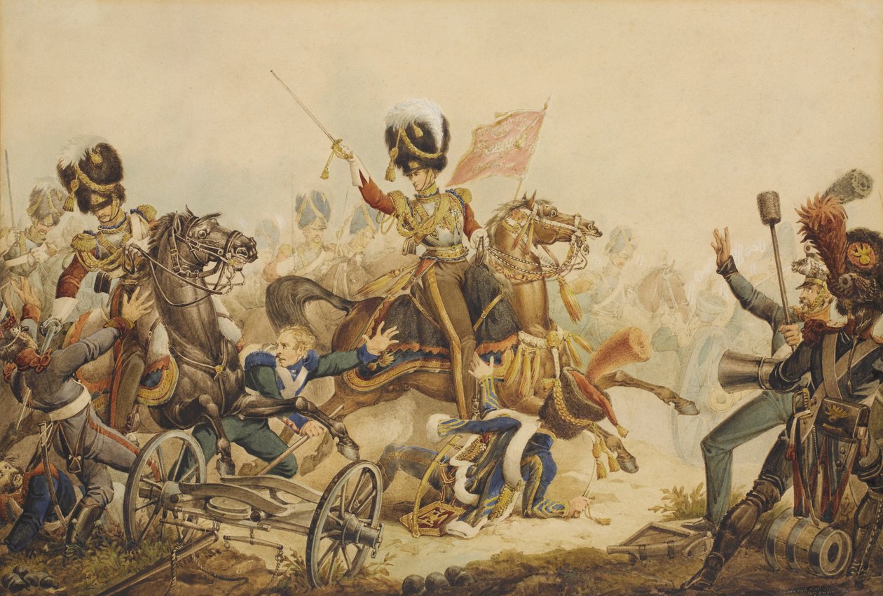 Guardias de Vida cargando contra la artillería francesa en la Batalla de Waterloo en 1815, 1820 de William Heath