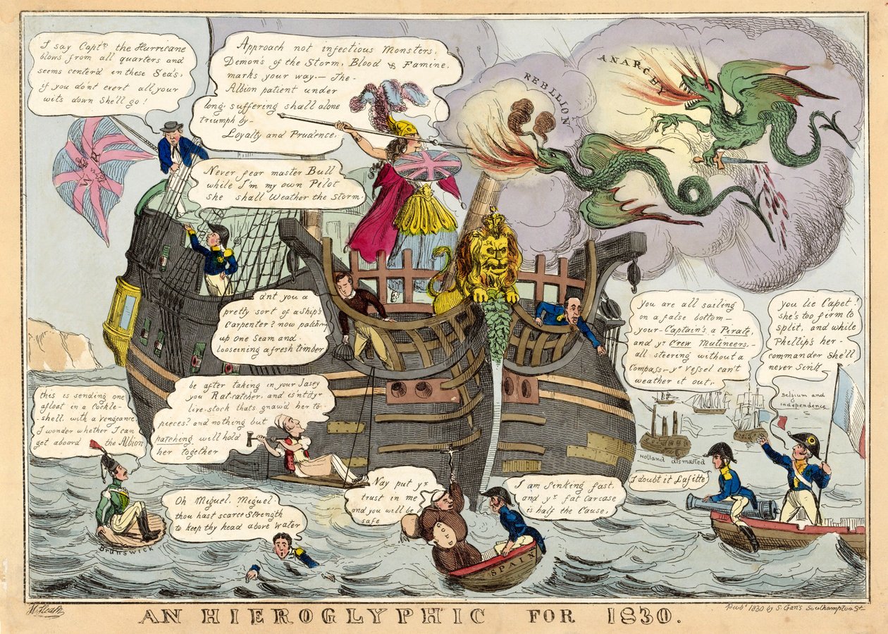 Un jeroglífico para 1830, pub. 1830 grabado coloreado a mano de William Heath