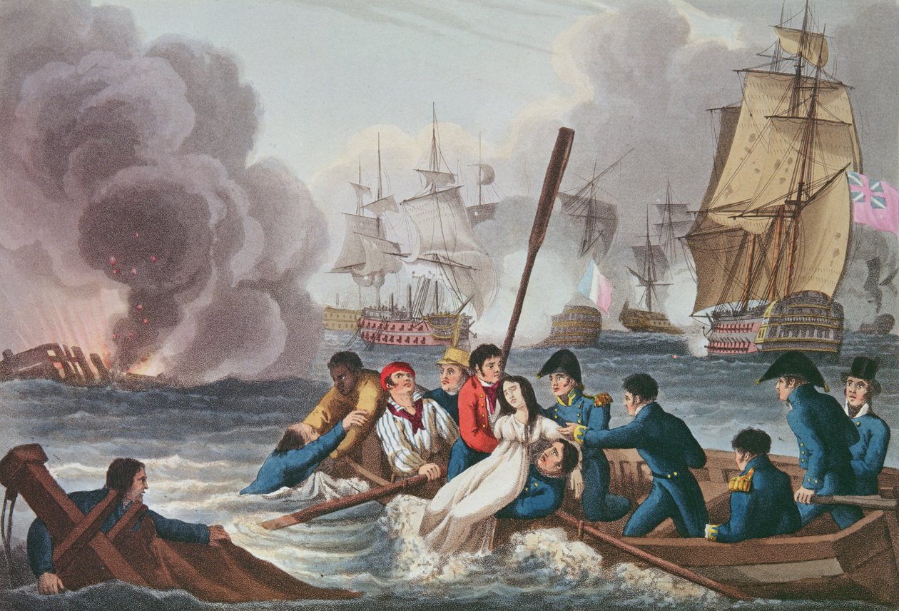 Anécdota en la Batalla de Trafalgar, grabado por Matthew Dubourg (fl.1813-20) de 