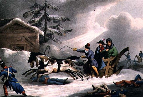 La huida de Bonaparte disfrazado de Conde Vicenza desde Rusia, publicado el 1 de marzo de 1814 por William Heath de William Heath