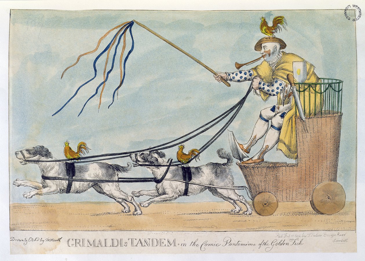 El tándem de Grimaldi en la pantomima cómica del pez dorado, pub. 1812 de William Heath