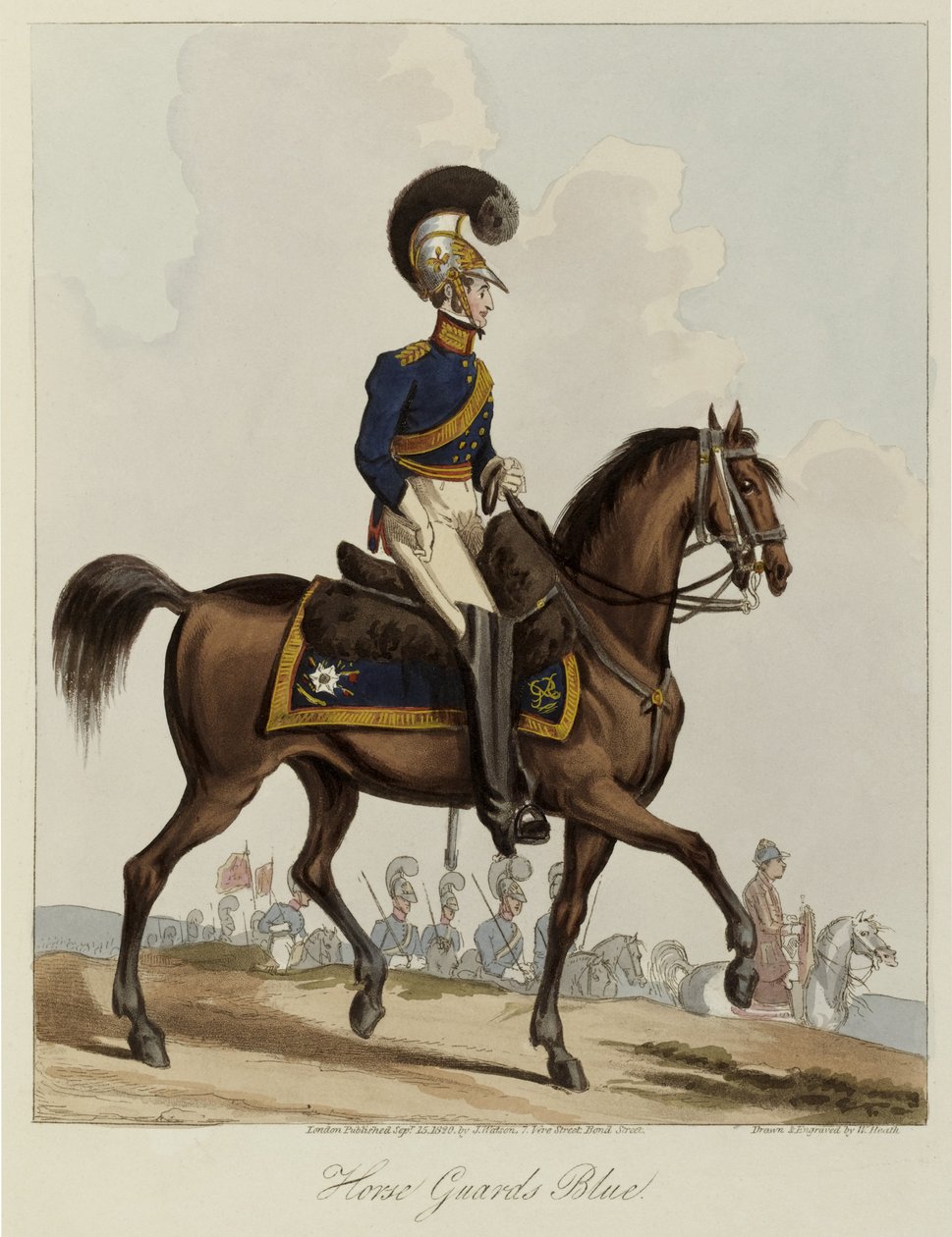 Guardias a Caballo Azules, estudio de uniforme del Regimiento Real de Guardias a Caballo, 1820 de William Heath