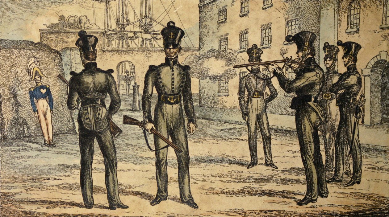 Fusileros navales en práctica de tiro a figura oscilante, c.1835 (aguafuerte coloreado a mano) de William Heath