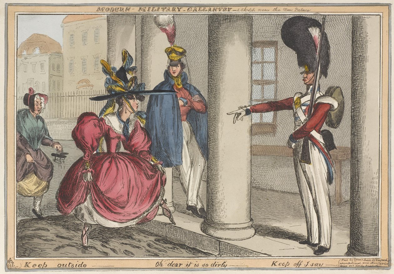 Valentía militar moderna - Un boceto cerca del Nuevo Palacio Mantente afuera - Oh querido, está tan sucio, c.1829 de William Heath