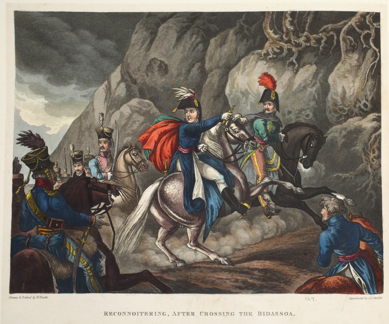 Reconocimiento, después de cruzar el Bidassoa, aguafuerte por J.C. Stadler, pub. por Tegg, abril 1818 de William Heath