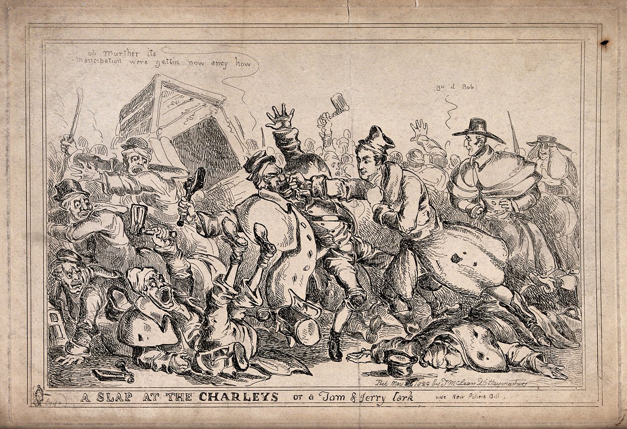 Robert Peel, en su faceta de pugilista, atacando a los vigilantes nocturnos con la intención de sustituirlos por la policía. Aguafuerte de Paul Pry (W. Heath). de William Heath