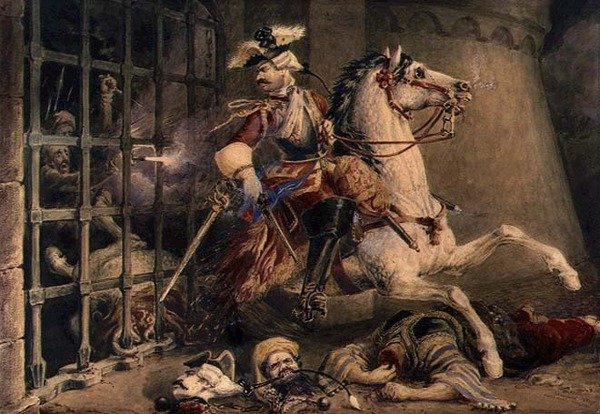 El oficial de caballería escapando de los turcos, c.1830 (acuarela sobre lápiz realzada con gouache sobre papel) de William Heath