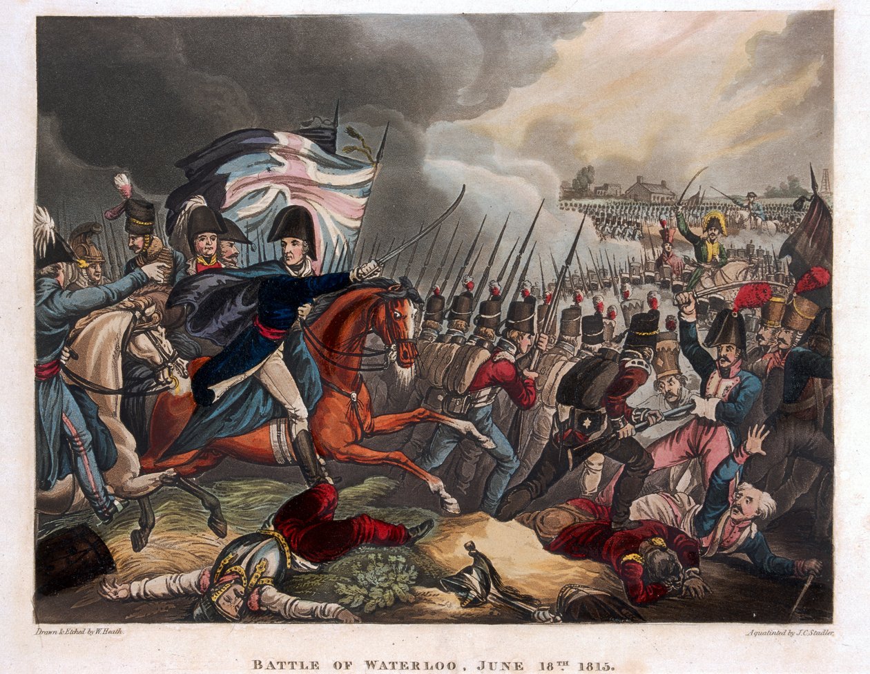 El Duque de Wellington (1769-1852) con tropas avanzando en la Batalla de Waterloo, ilustración de un poema narrativo por Dr. Syntax, 1818 de William Heath