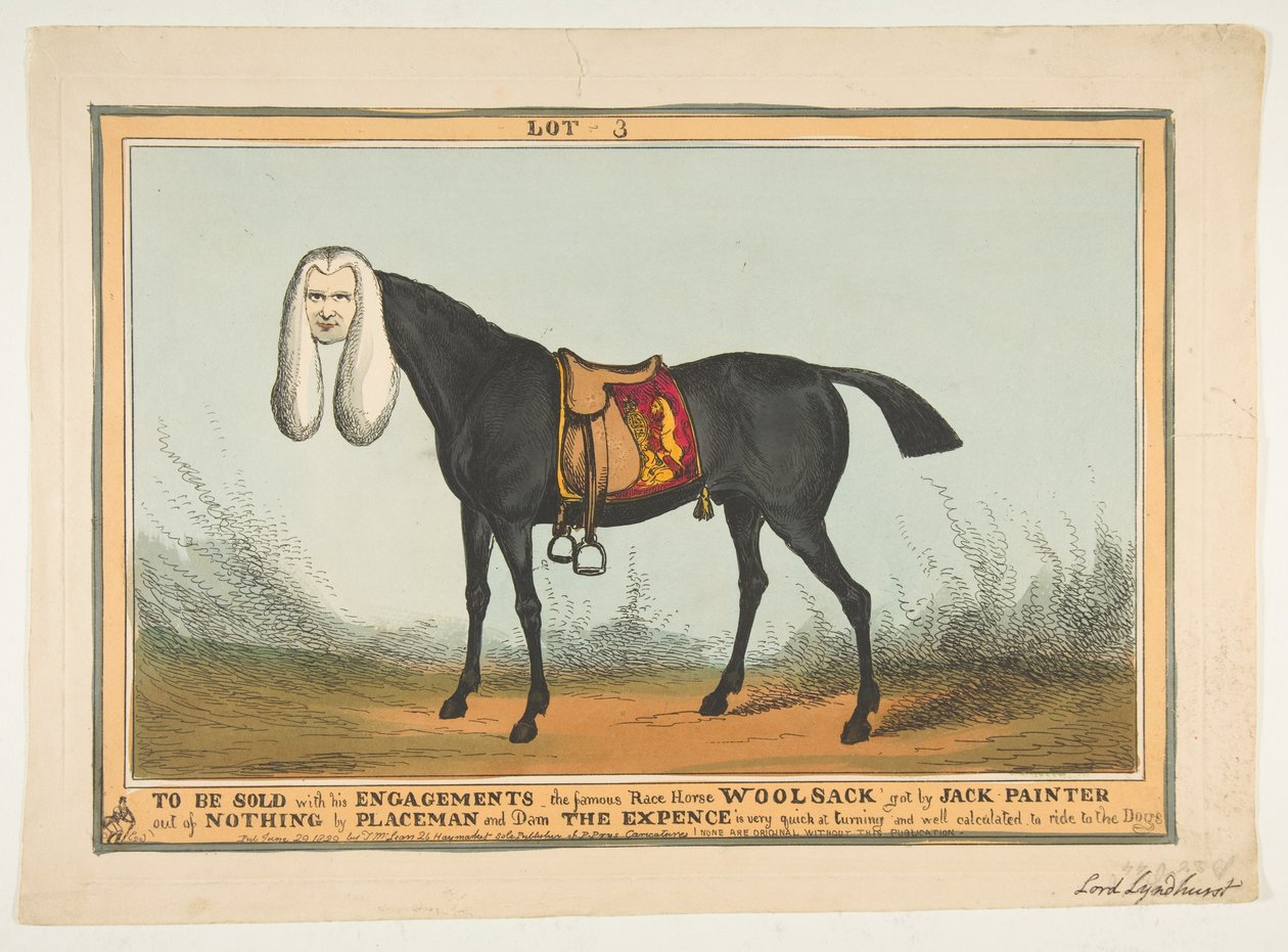 A la venta con todos sus compromisos-El famoso caballo de carreras Woolsack, 29 de junio de 1829 de William Heath