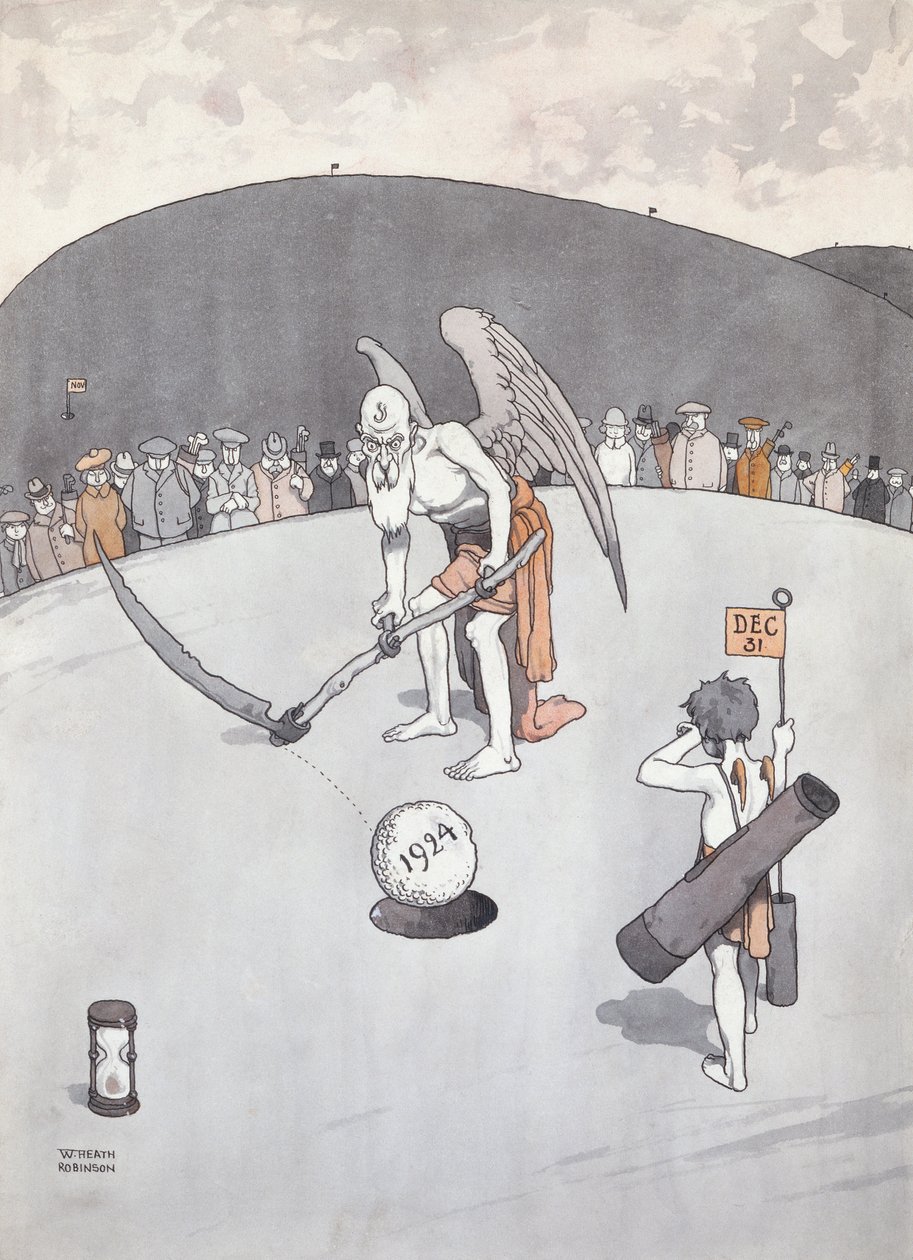 Sacando lo viejo agujereado (pluma y tinta) de William Heath Robinson