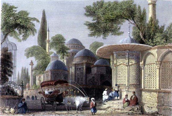Fuente y mezquita de Chahzade, grabado por Roberts Sands, c.1850 de William Henry (after) Bartlett