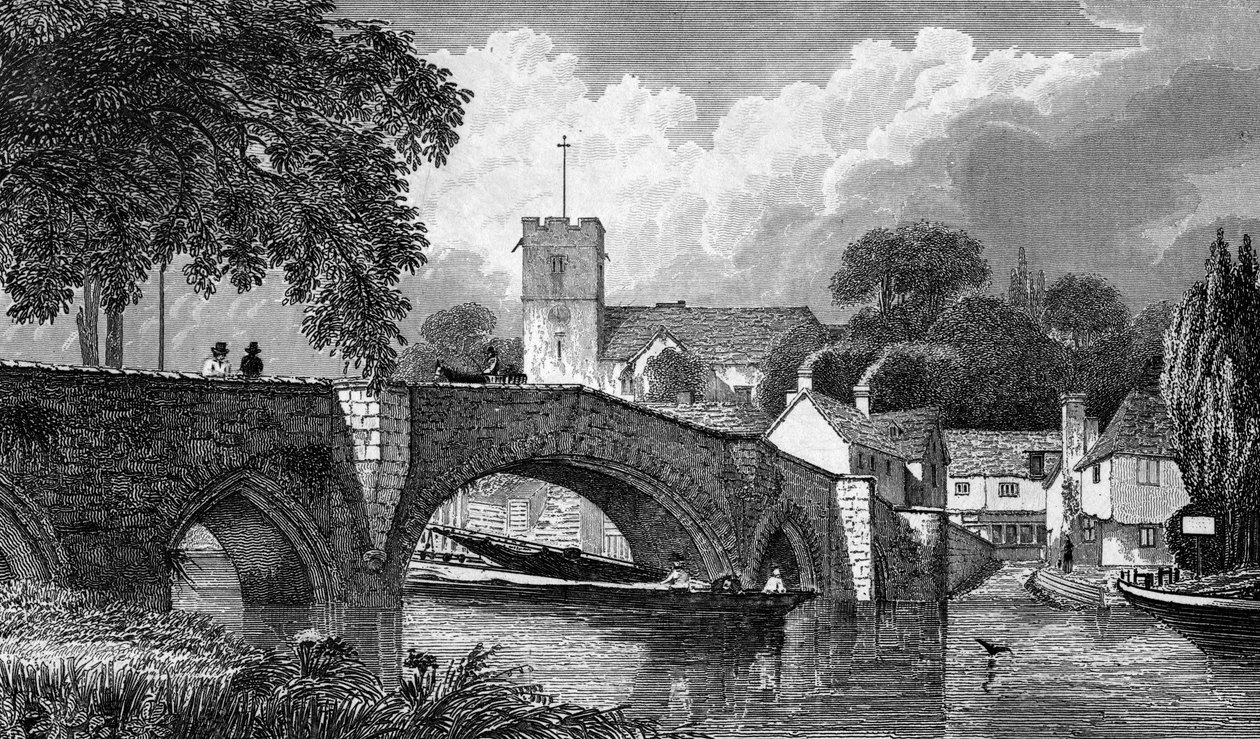 Iglesia y puente de Aylesford, grabado por B. Winkles, publicado en 1829 de William Henry Bartlett