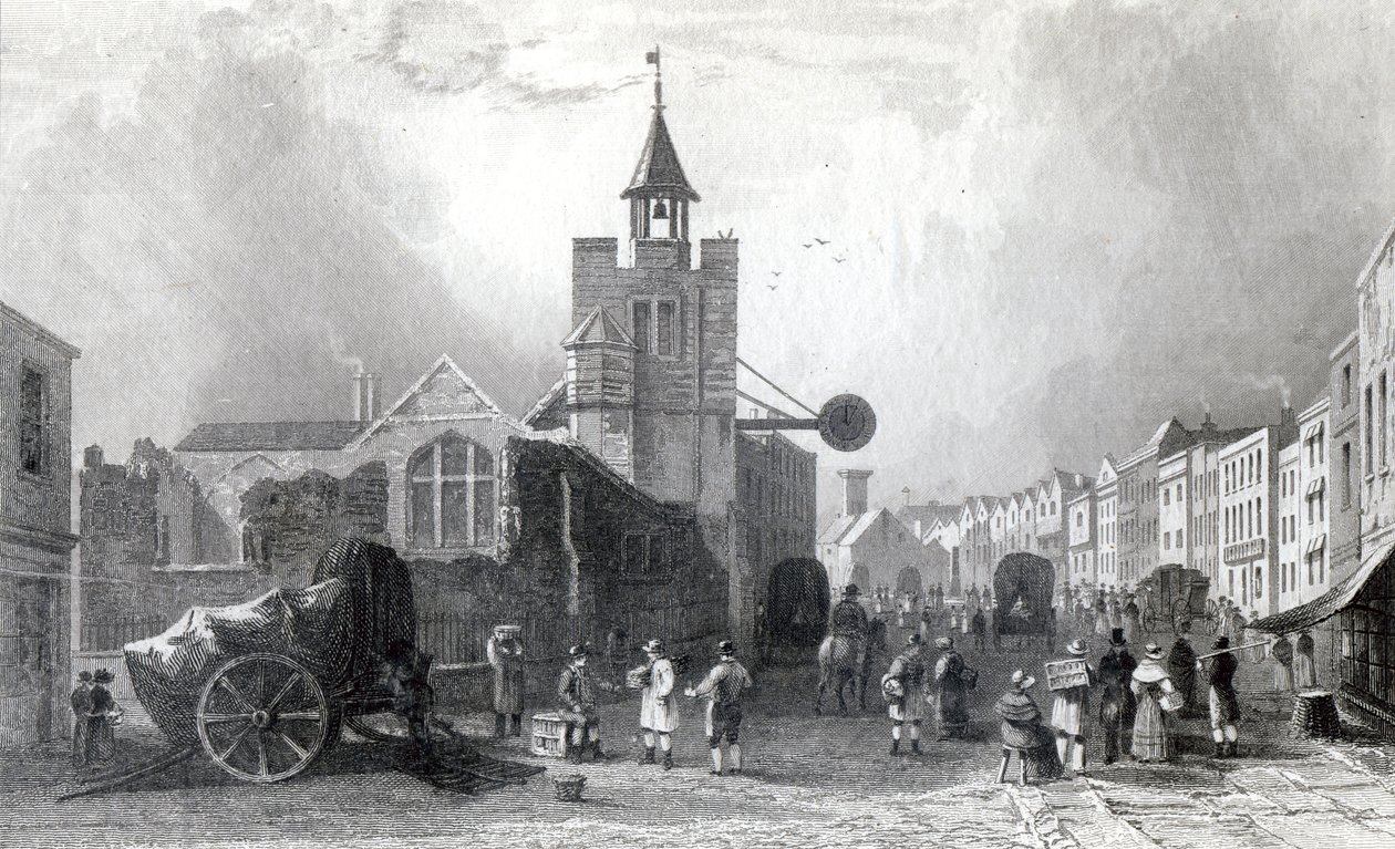 High St. con la Iglesia de St. Nicholas, Colchester, Essex, grabado por Charles Mottram, 1831 de William Henry Bartlett