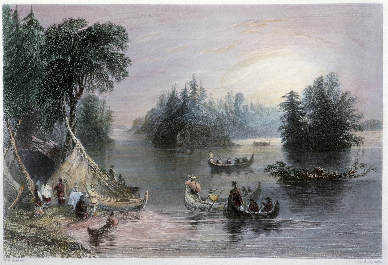 Tipis y canoas indias, orillas del St Laurent - en 