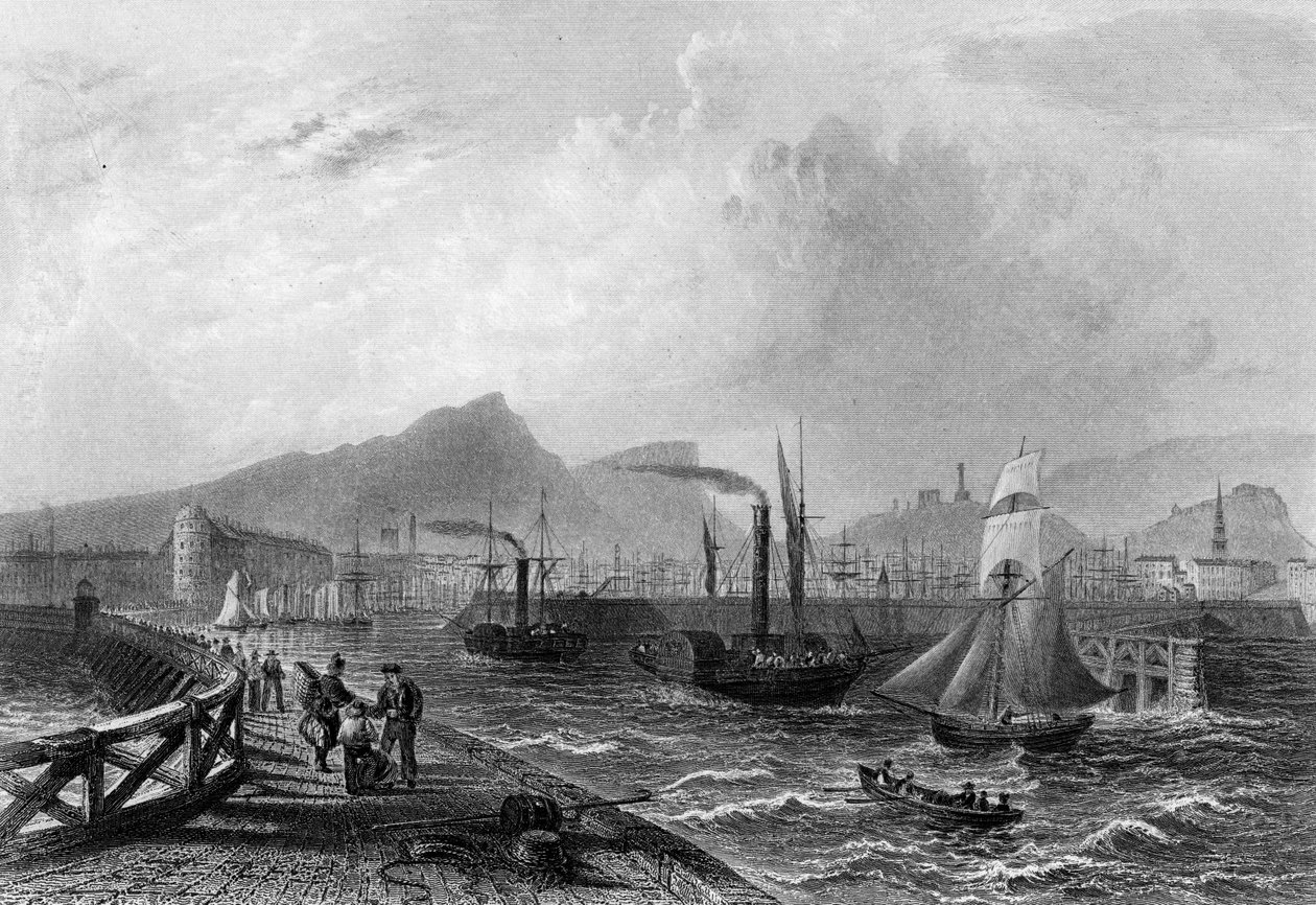 Muelle y Puerto de Leith, grabado por Robert Wallis, c.1820 de William Henry Bartlett