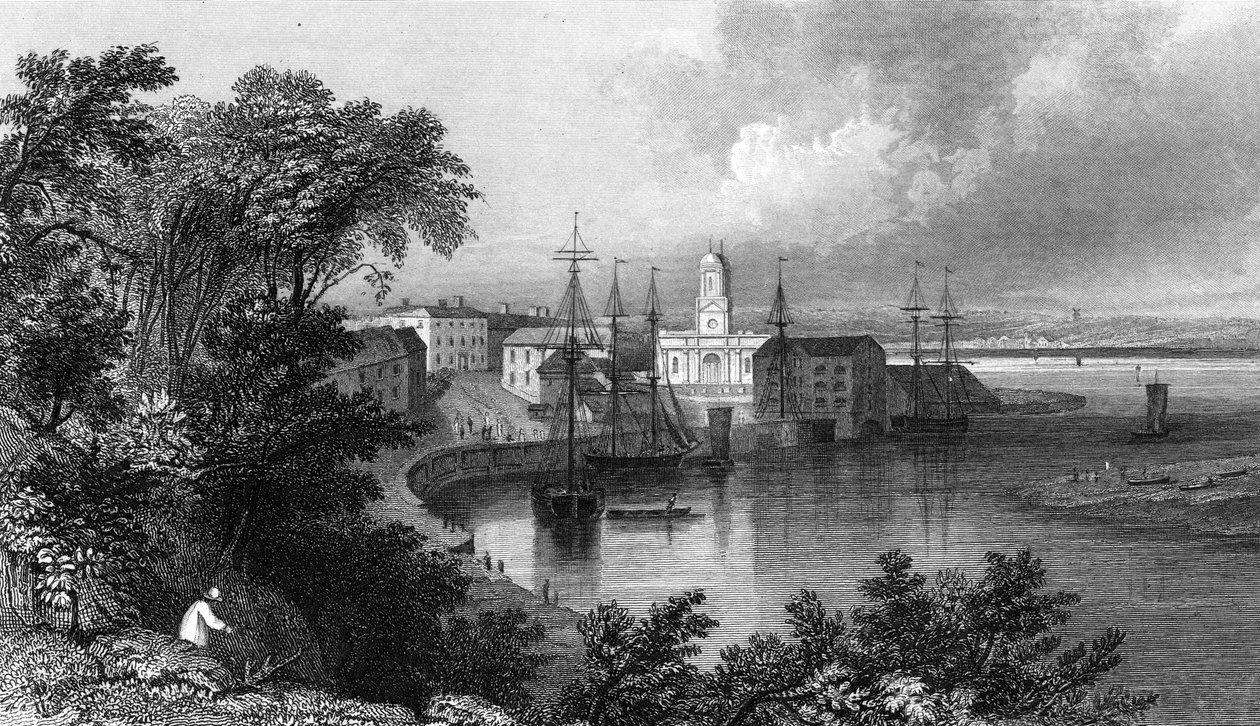 Mistley Quay, cerca de Harwich, Essex, grabado por John Rogers, 1832 de William Henry Bartlett