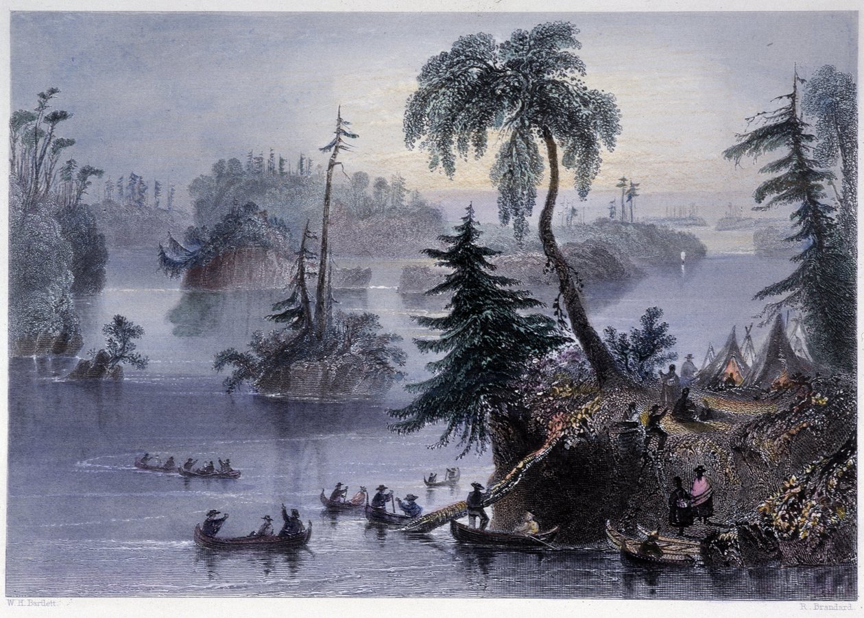 Escena entre las Mil Islas: Campamento y Barcos, Mille Îles - en "Paisaje canadiense ilustrado" por Bartlett W. H. de William Henry Bartlett