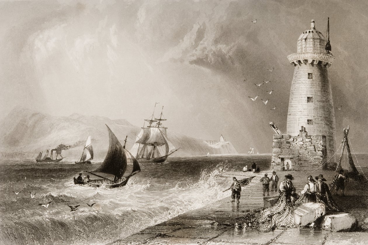 Faro de South Wall con la colina de Howth en la distancia, Dublín, de 
