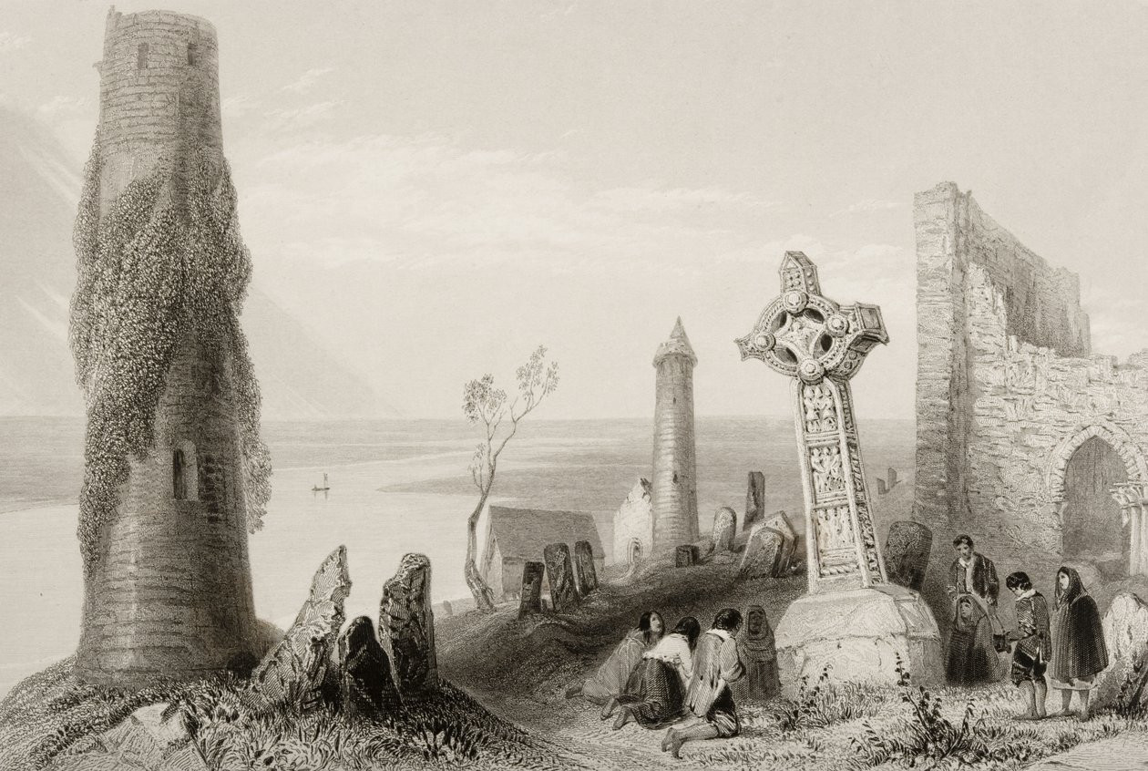 La Antigua Cruz y la Torre Redonda en Clonmacnois, Condado de Offaly, Irlanda, de 