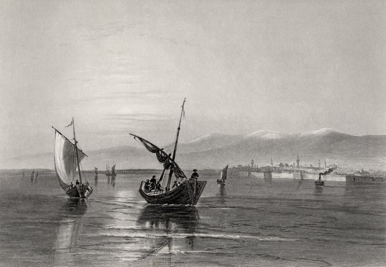 Los Balcanes, Bulgaria, desde cerca de Widden, grabado por J. Godfrey de William Henry Bartlett