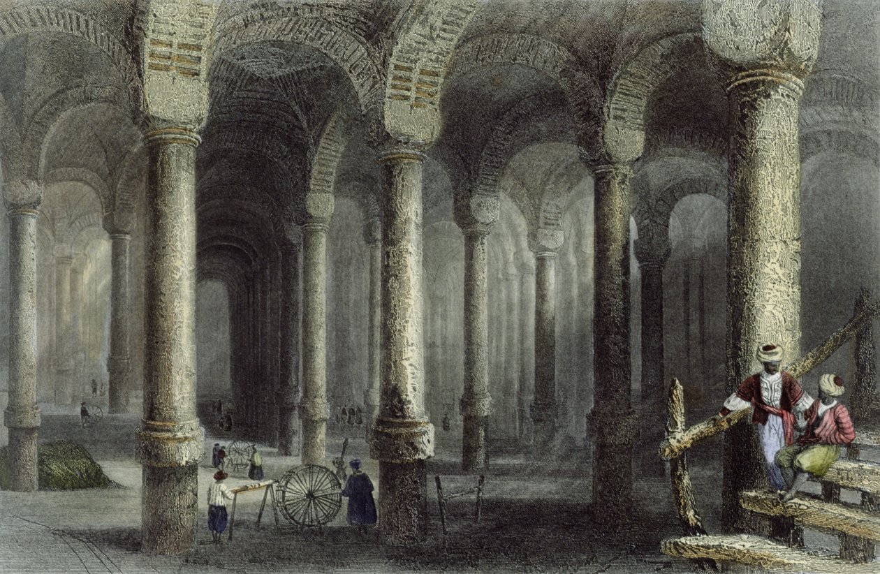 La cisterna de Bin-Veber-Direg, o Los Mil y Uno, Estambul, grabado por J. Carter, c.1850 de William Henry Bartlett