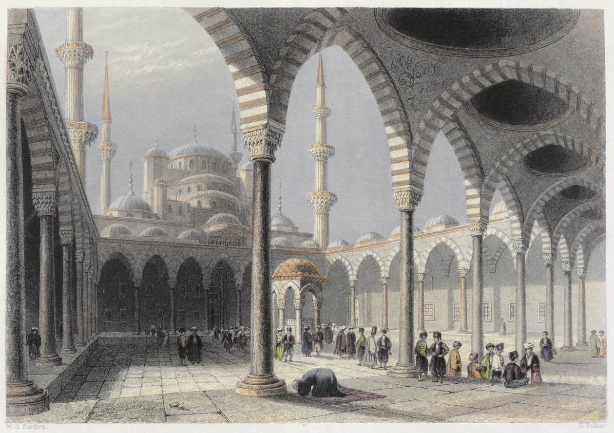El patio de la mezquita del sultán Achmet, Estambul, grabado por S. Fisher, c.1850 de William Henry Bartlett