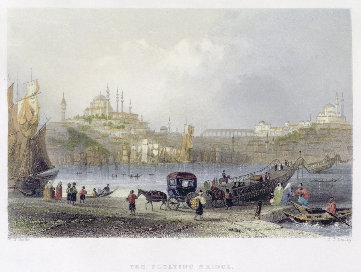 El puente flotante, Estambul, grabado por J.C. Bentley, c.1850 de William Henry Bartlett
