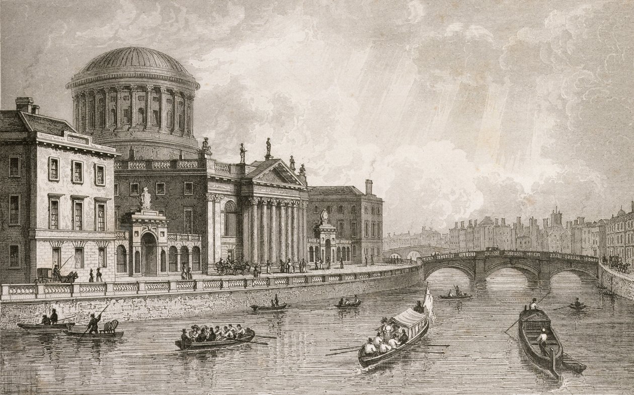 Los Cuatro Tribunales de Justicia, Dublín, grabado por Owen de William Henry Bartlett