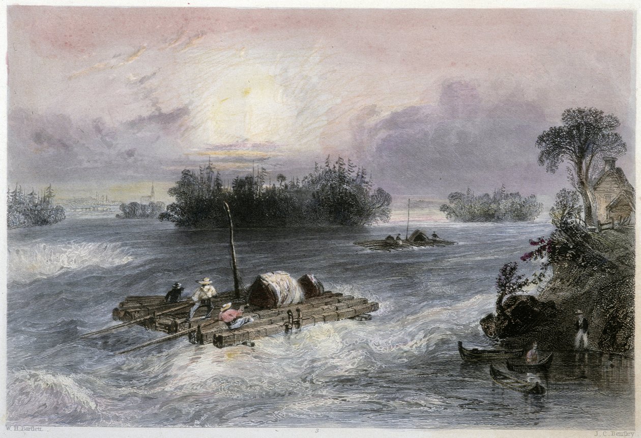 Transporte de madera y rápidos al pueblo de Cedars - en Canadian scenery illustrated por Bartlett W. H. de William Henry Bartlett