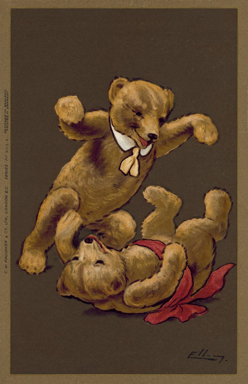 Ositos de peluche niño y niña jugando (litografía en color) de William Henry Ellam
