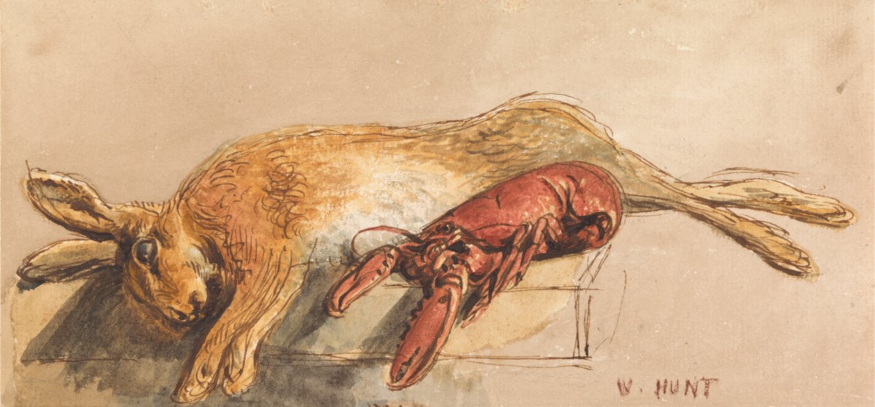Una liebre muerta y una langosta cocida en un banco de William Henry Hunt